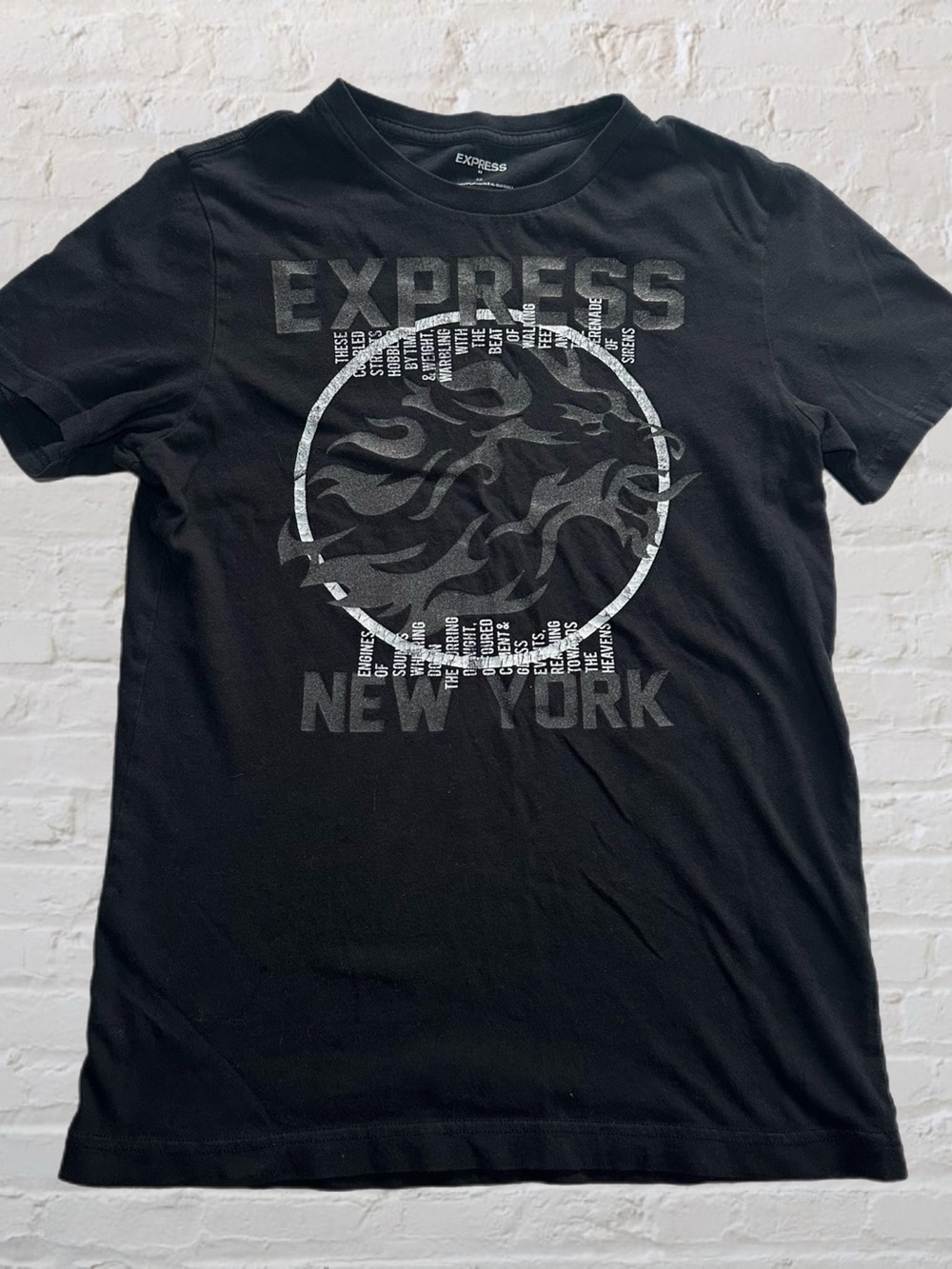 Express Black T-Shirt with Silver Flaming Head Graphic in Men’s Size X-Small